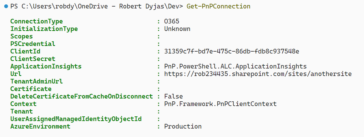 Return from Get-PnPConnection cmdlet showing only the second site